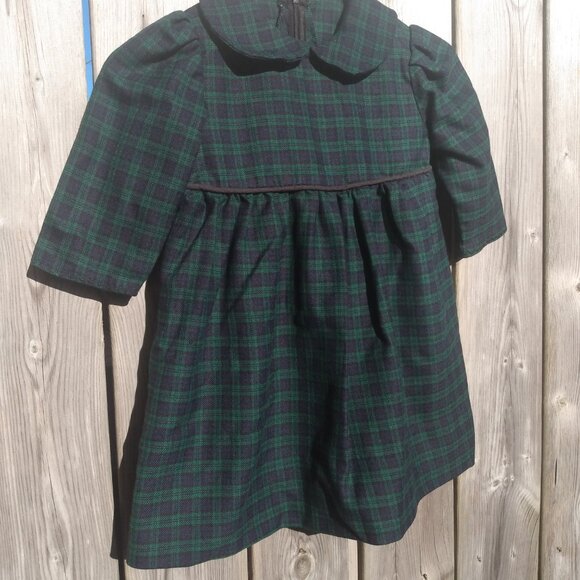 Vintage Baby Dress Dark Blue Green Plaid Toddler Christmas Old Fashioned - Picture 2 of 16